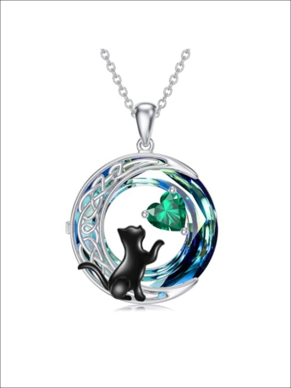 925 Sterling Silver Black Cat Moon Necklace Emerald Birthstone Pendant